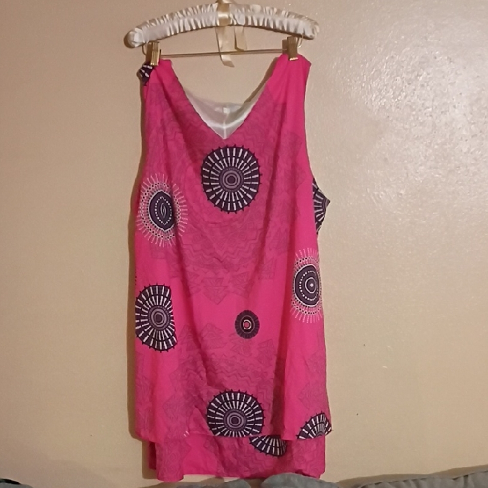 Bright Pink Sleeveless Dress with Bold Circular Print